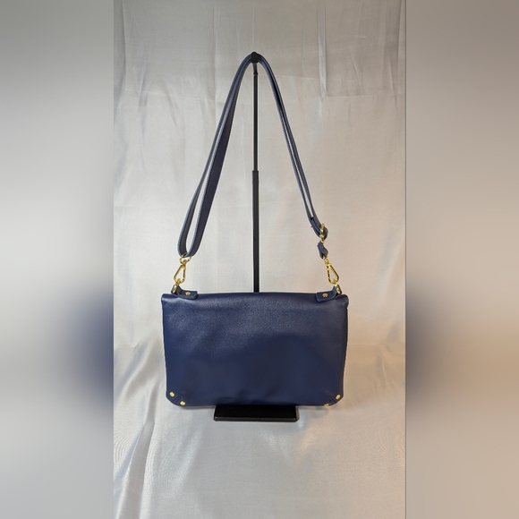 Joy & Iman Convertible Shoulder Bag Crossbody Clutch Blue Leather Gold Hardware - Picture 2 of 5